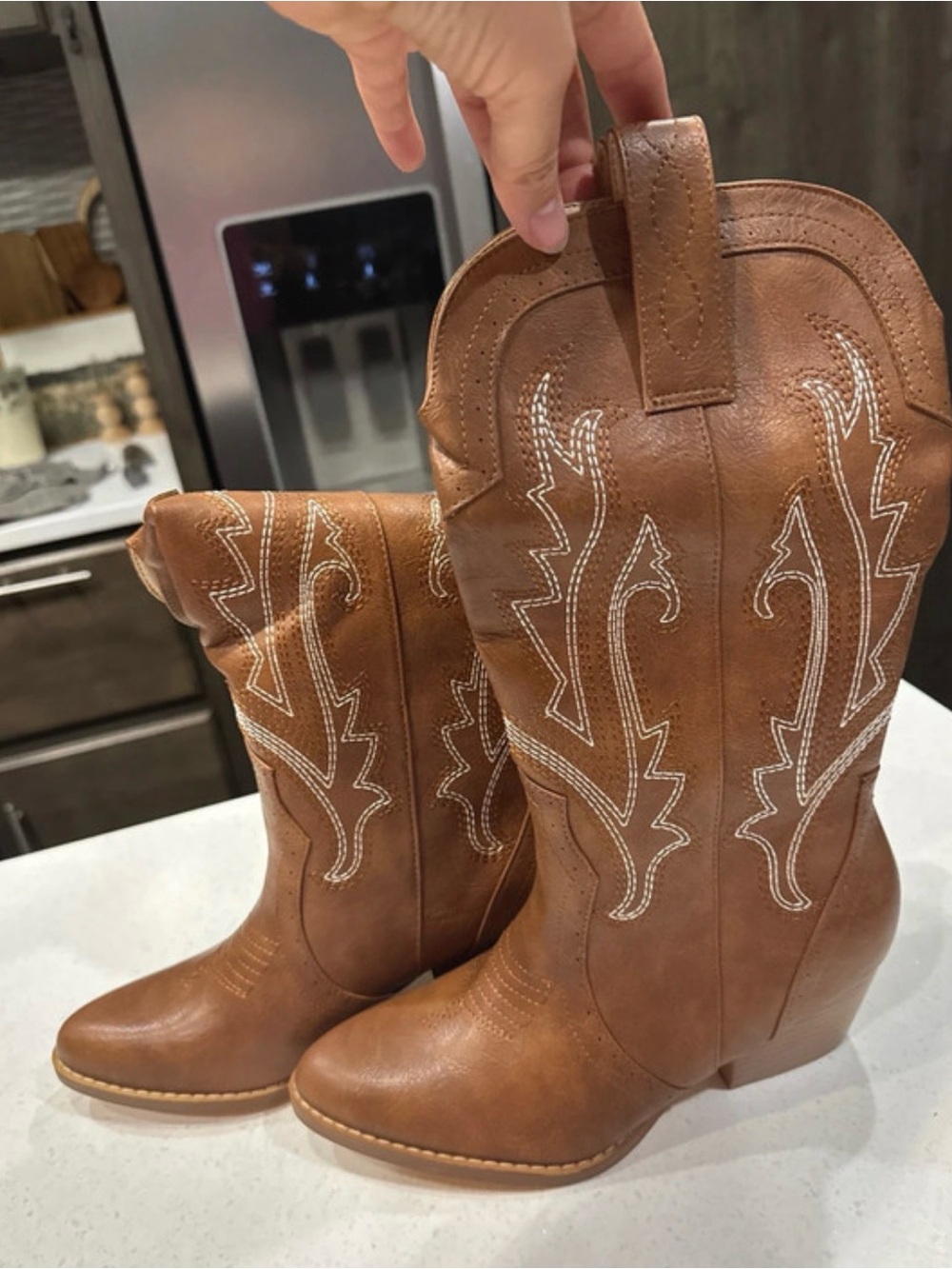 Women's Brown Lace-Up Western Pull-On Boots with Embroidered Detail